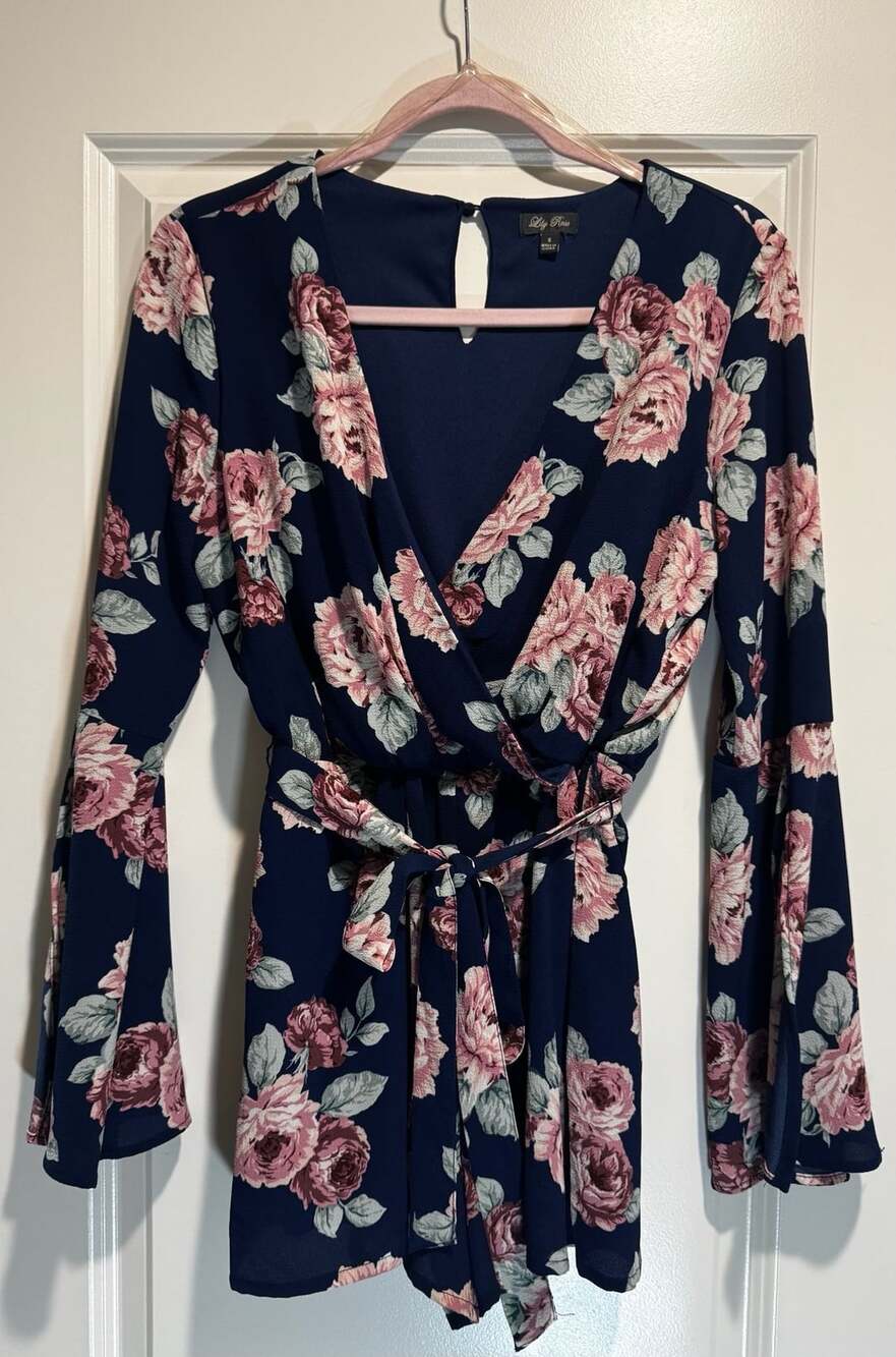 Lily Rose Navy Blue Floral Long Slit Sleeve Romper Size S Wrap Keyhole